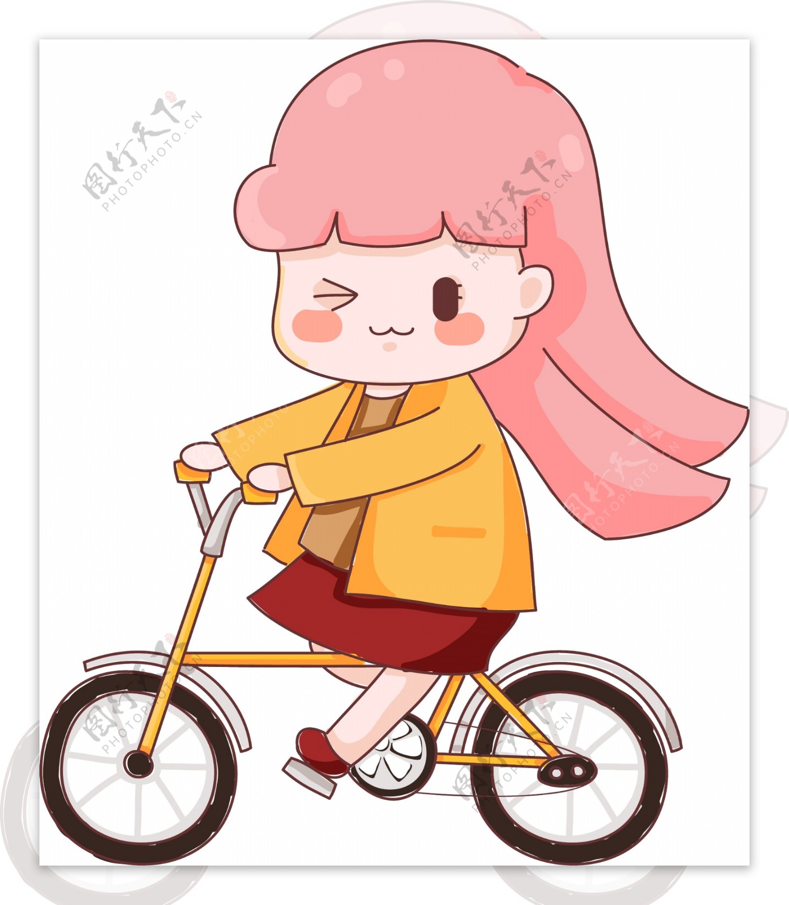 手绘可爱女孩骑着小自行车原创元素