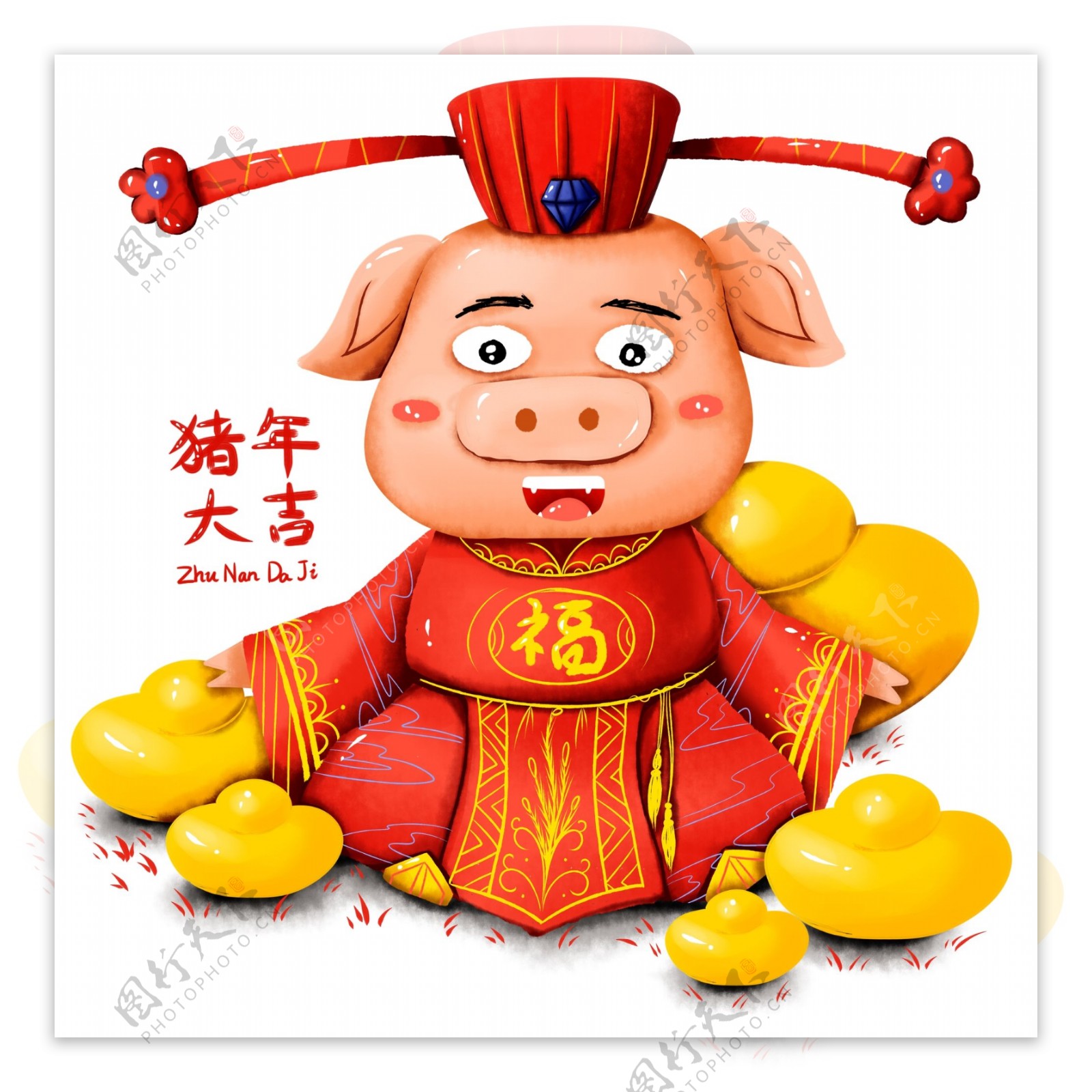原创手绘喜庆春节金元宝过年简约猪元素