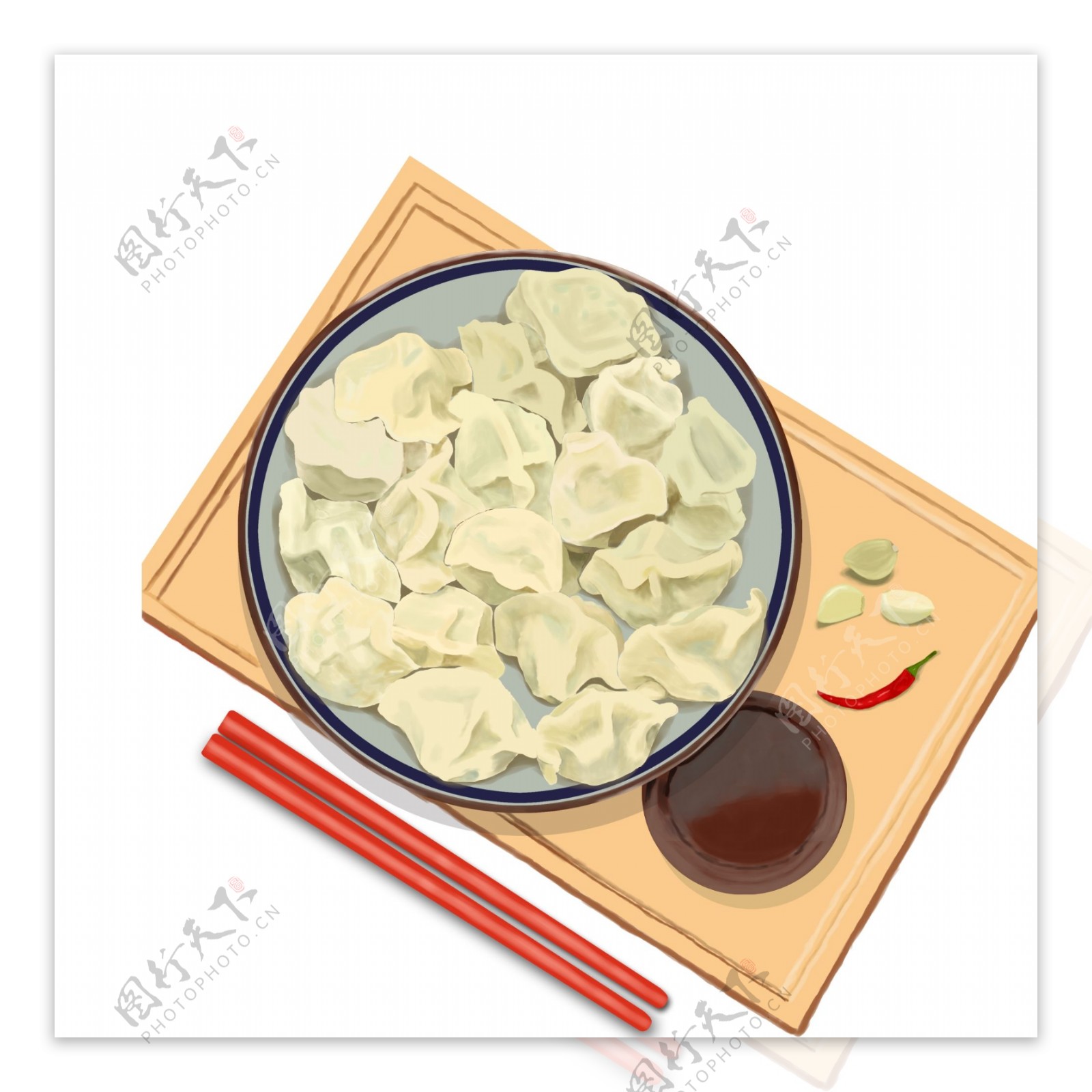 手绘冬至一盘水饺食物元素