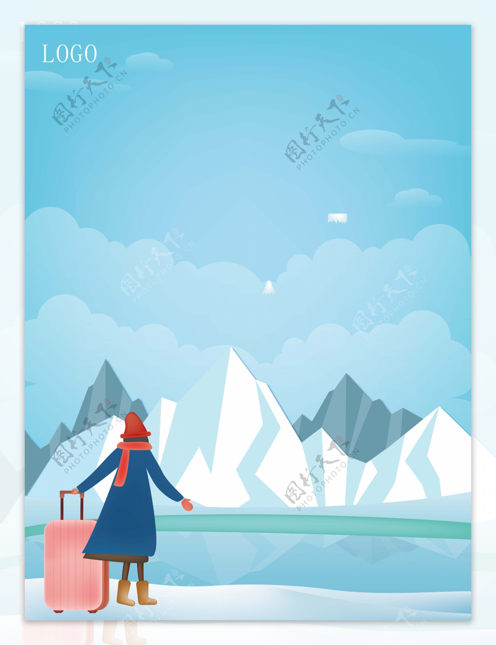 彩绘冬季旅游雪山背景素材