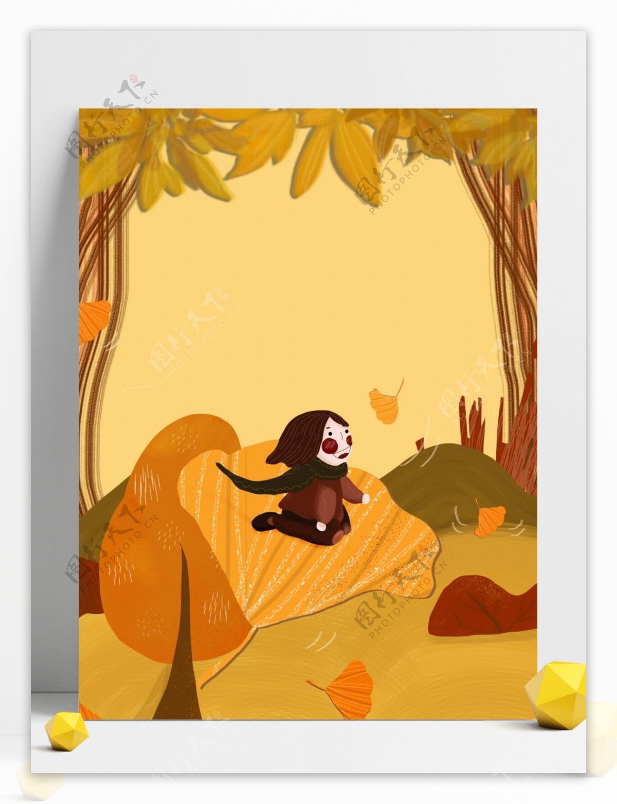 秋季银杏落叶上的女孩背景素材