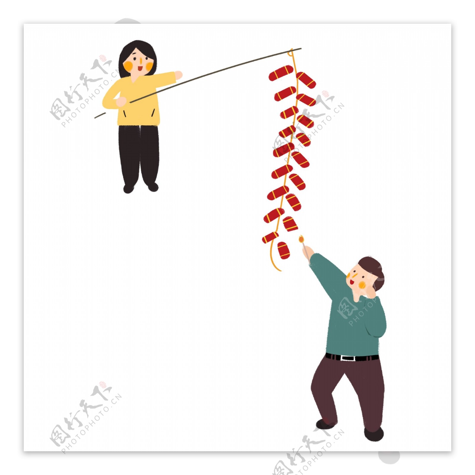 春节放鞭炮的夫妻卡通设计