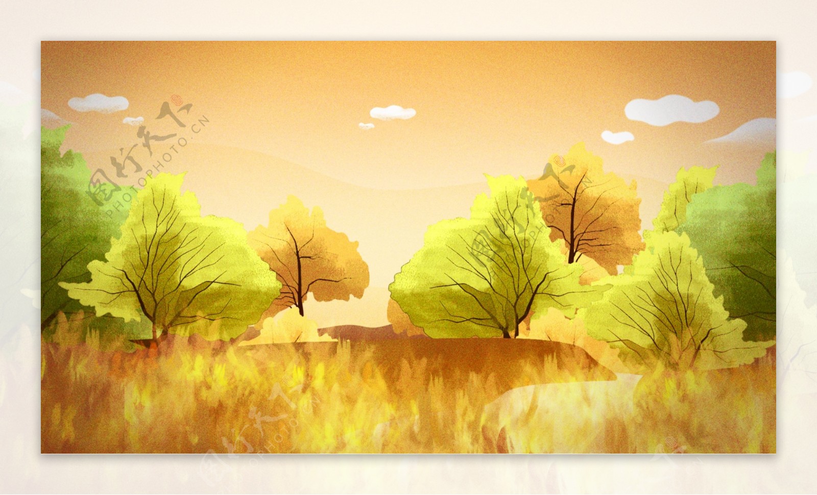 手绘丰收季节黄树叶背景素材