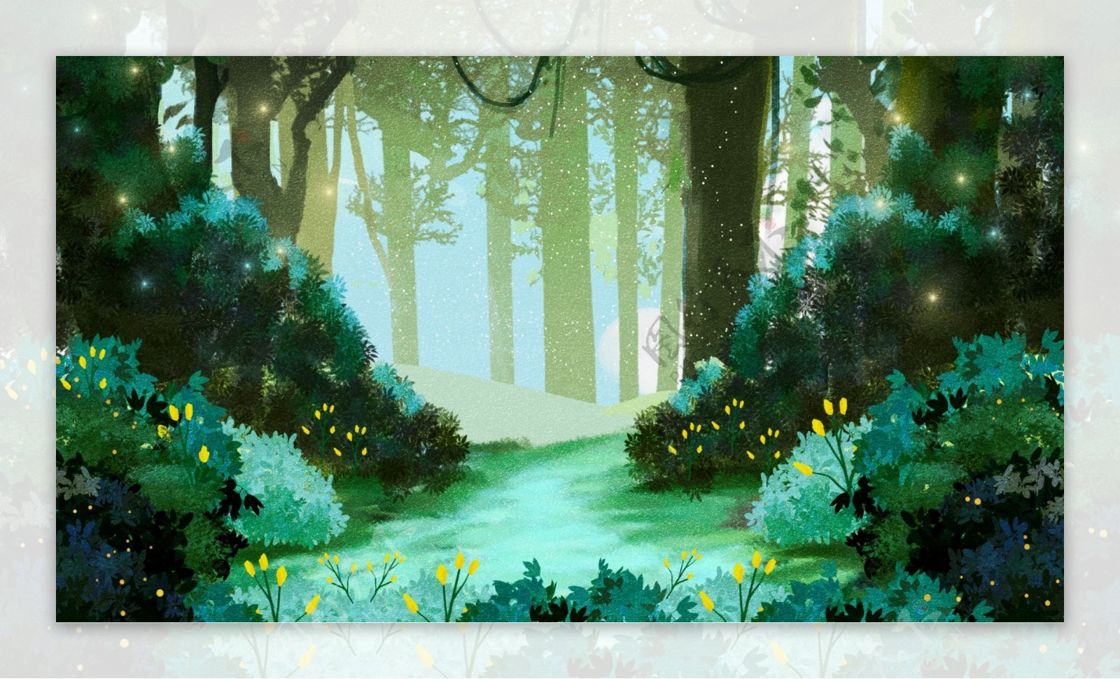 唯美绿色树林风景插画背景