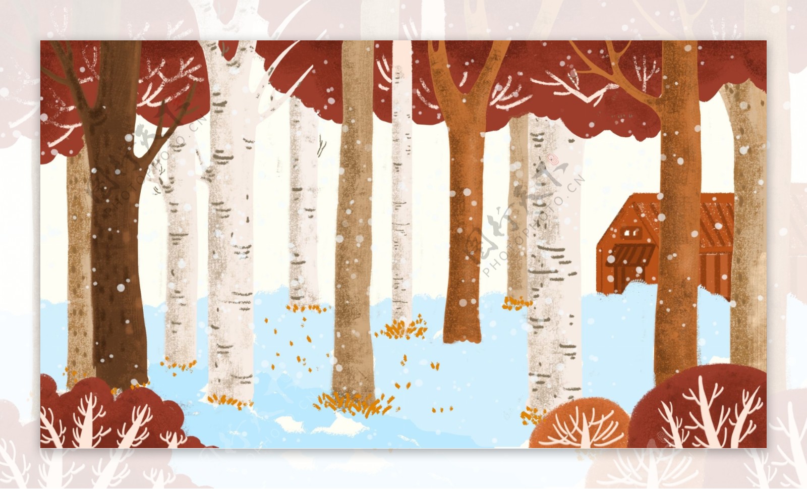 手绘冬日黄色树林初雪背景素材
