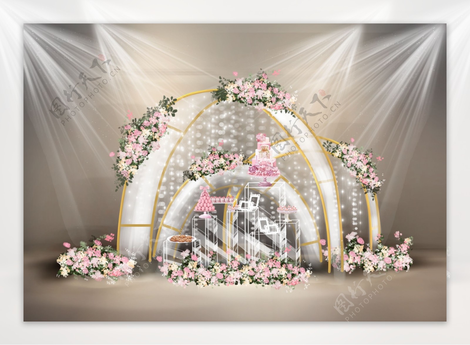 香槟金色简约婚礼中庭展示甜品台效果图
