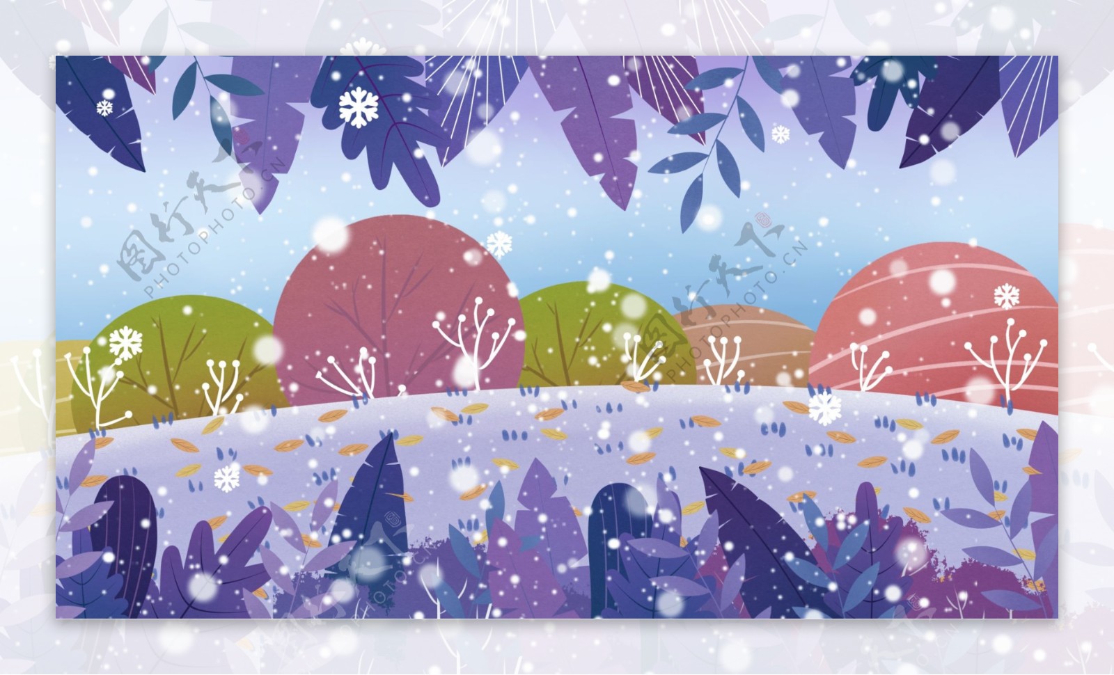 手绘彩色树林雪花背景素材
