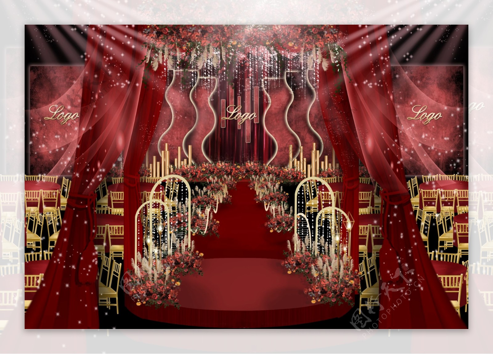 勃艮第红红色婚礼主舞台效果图