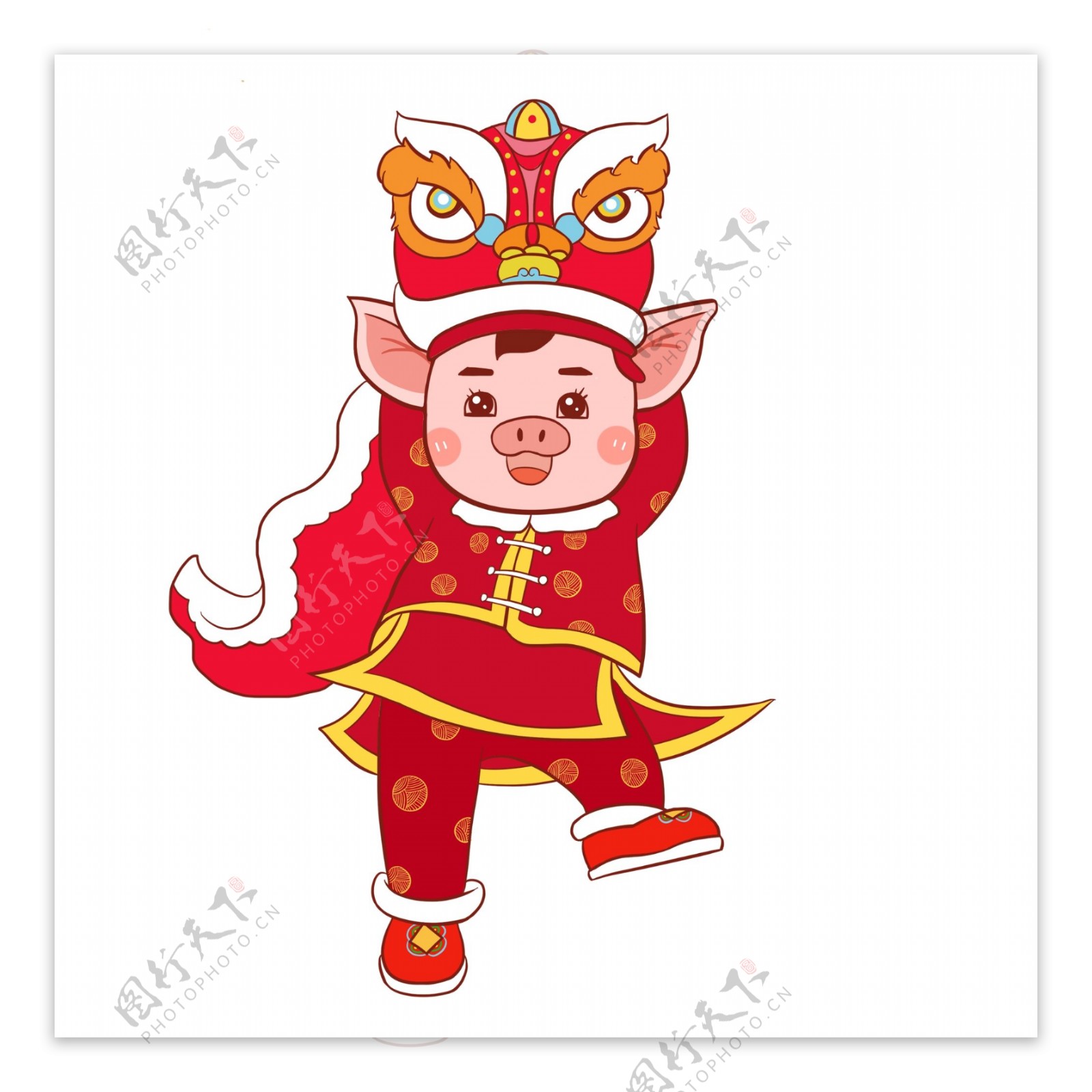 红色喜庆新年快乐舞狮的小猪设计