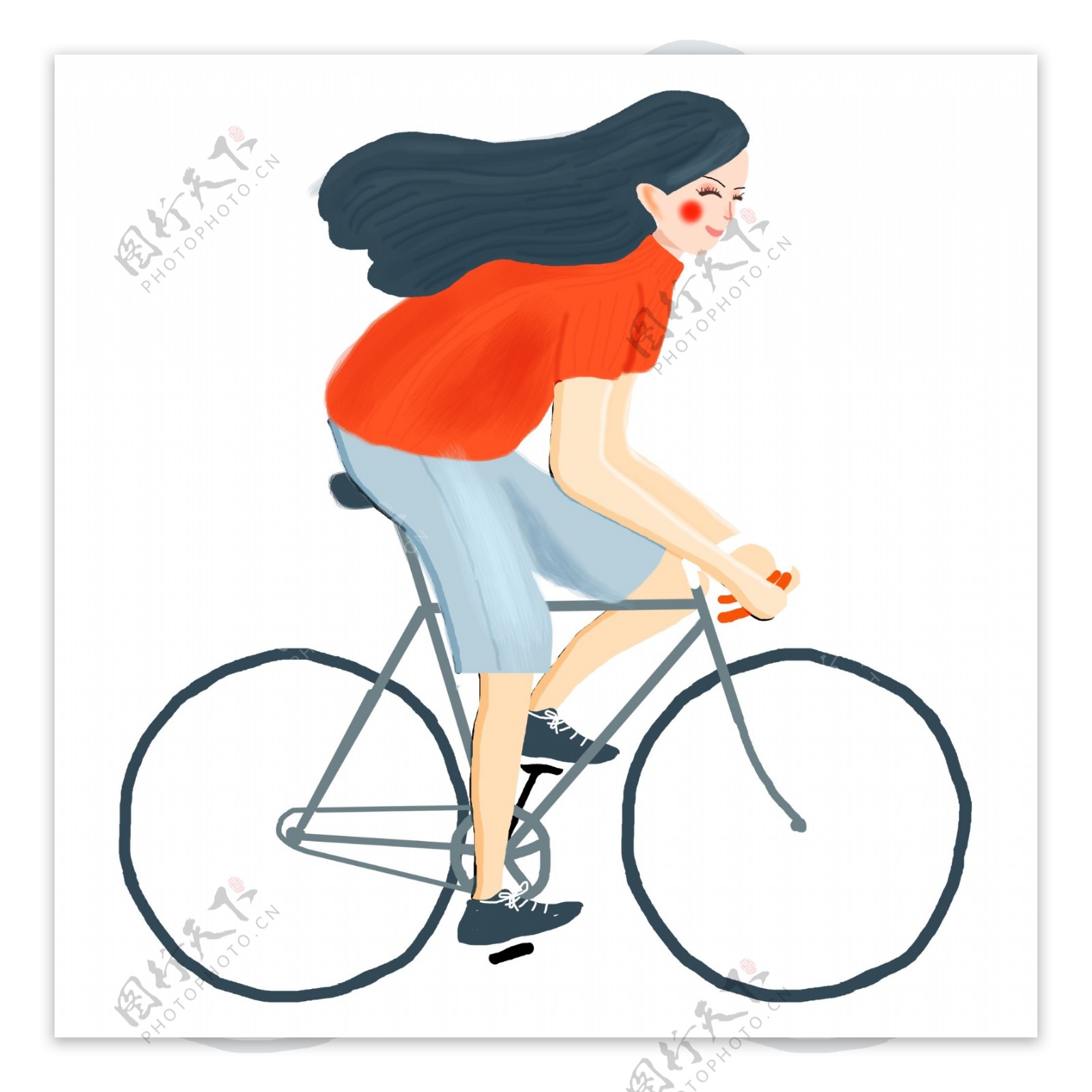 绿色出行骑着自行车的女孩卡通设计