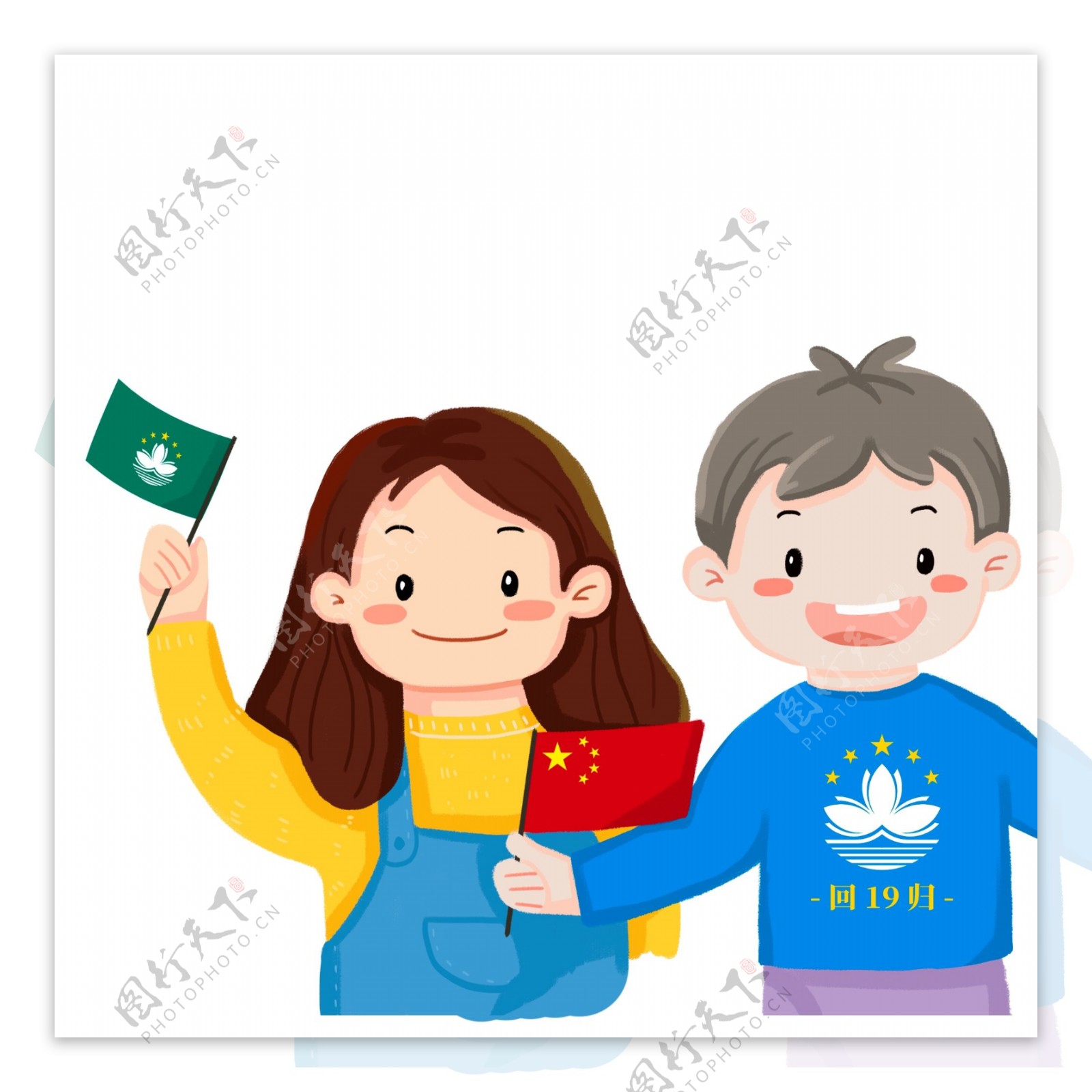 卡通拿着两种国旗的小孩