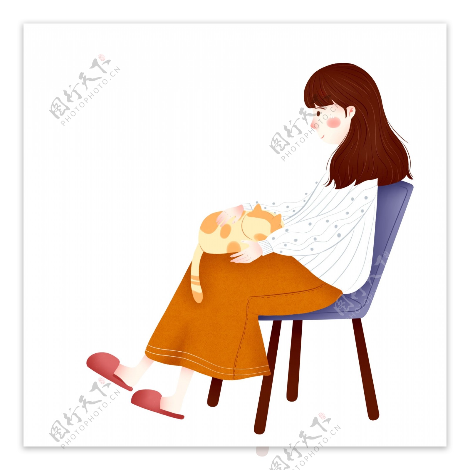 手绘坐在椅子上吸猫的女孩