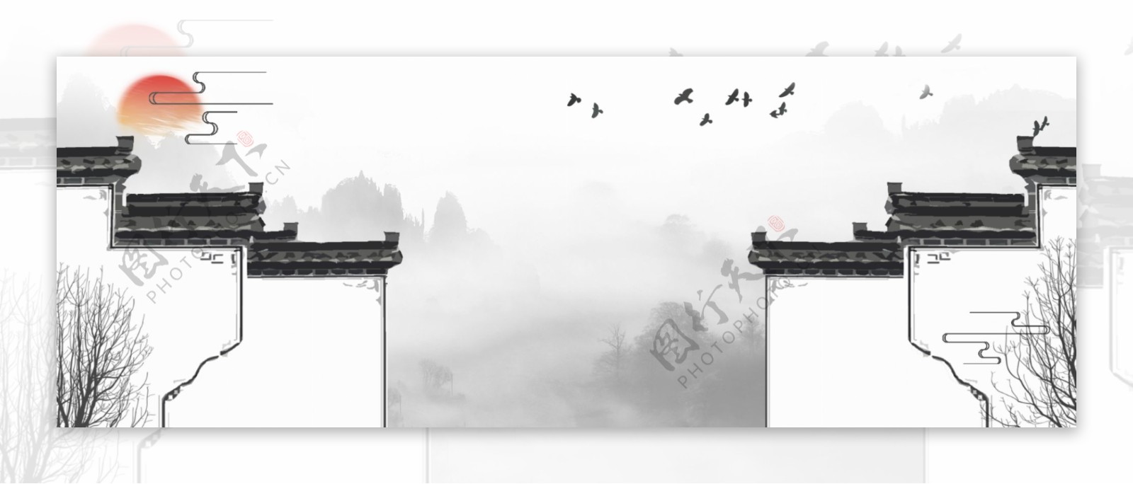 中国风传徽派建筑banner背景