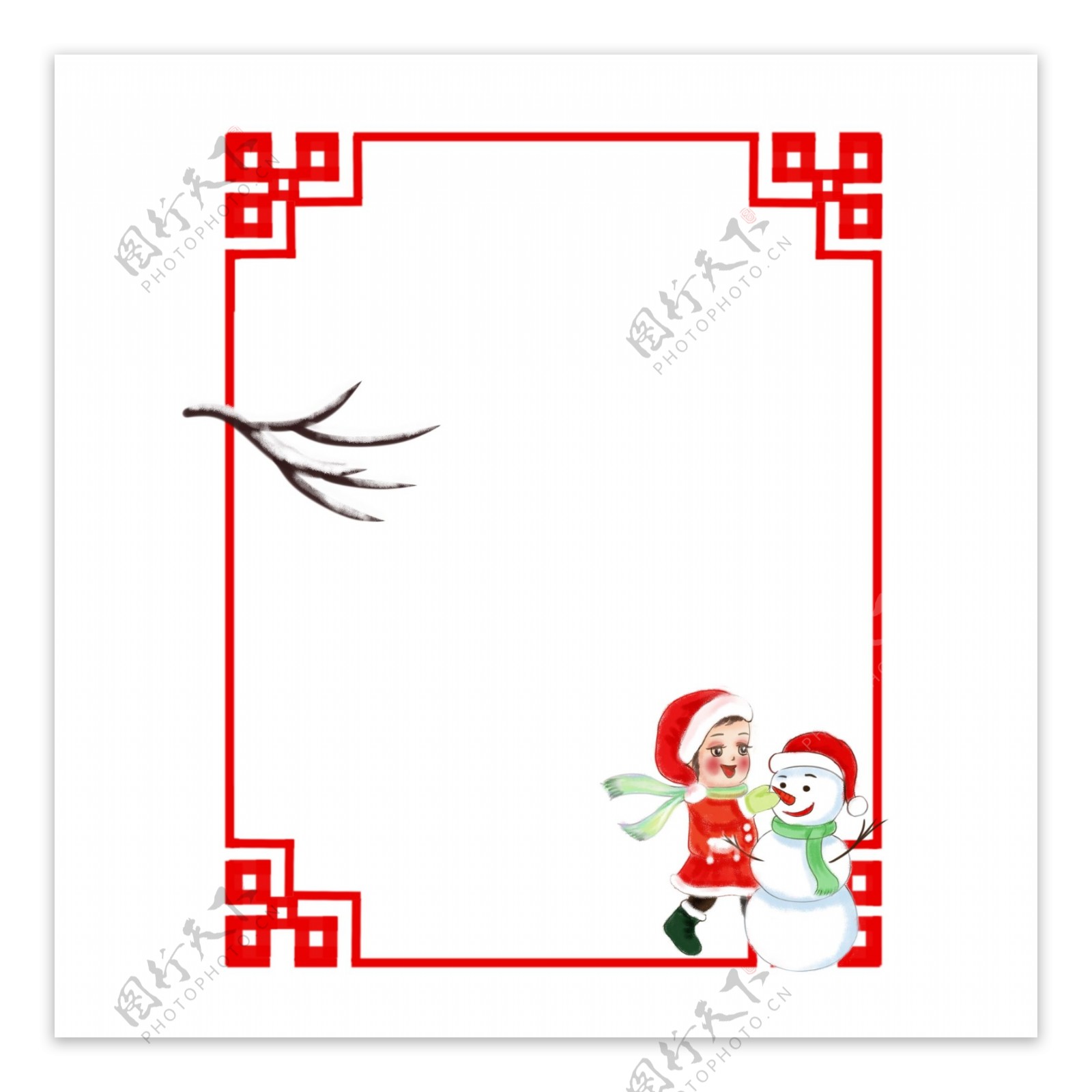 卡通手绘方形圣诞边框小女孩和雪人