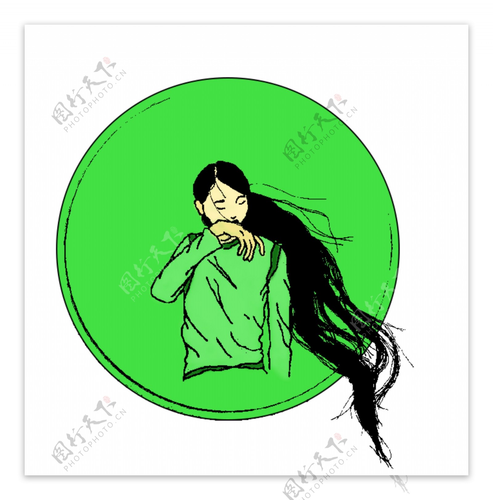 绿色圆形边框长发女孩元素