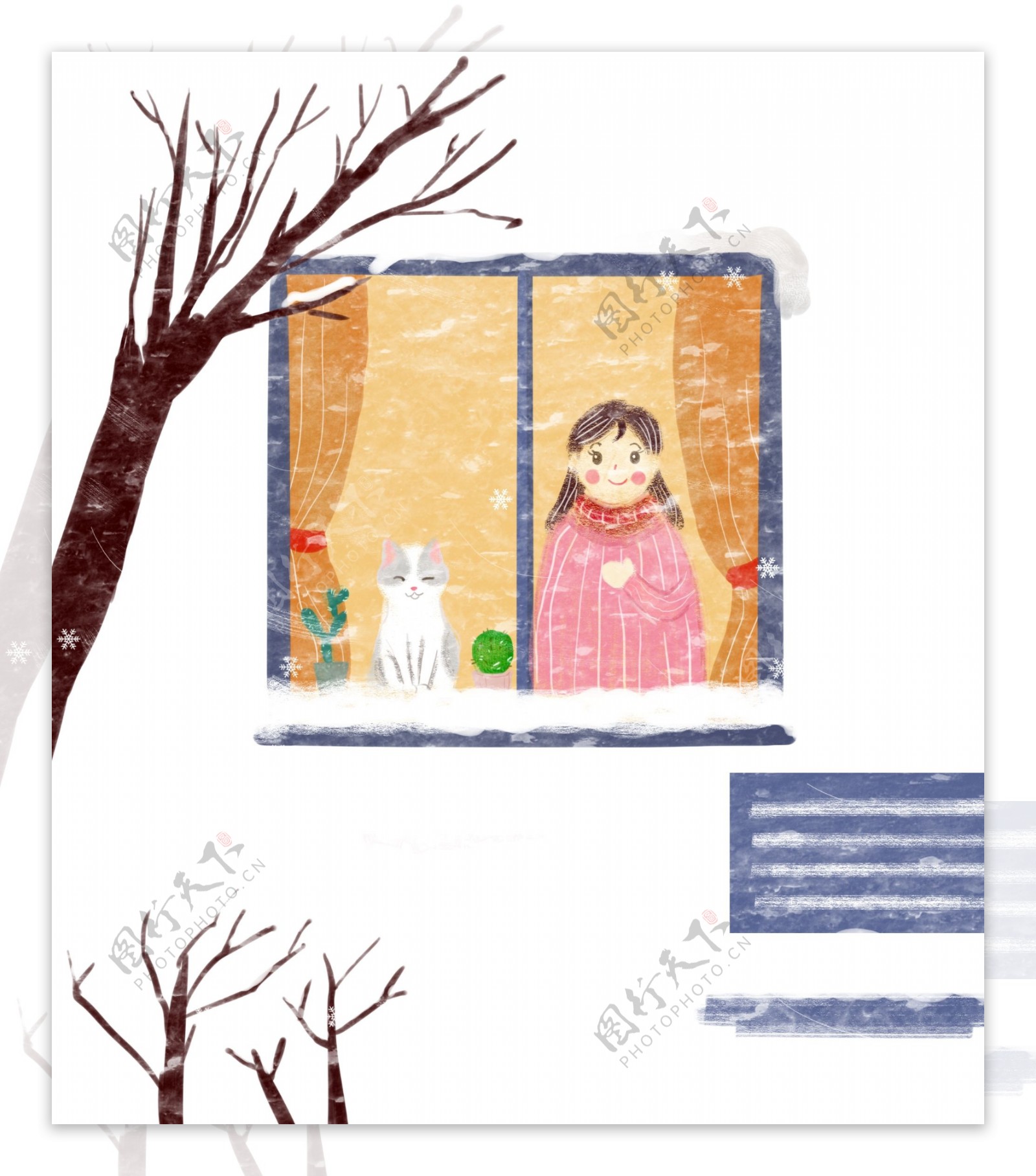 冬天女孩和猫在窗口看雪