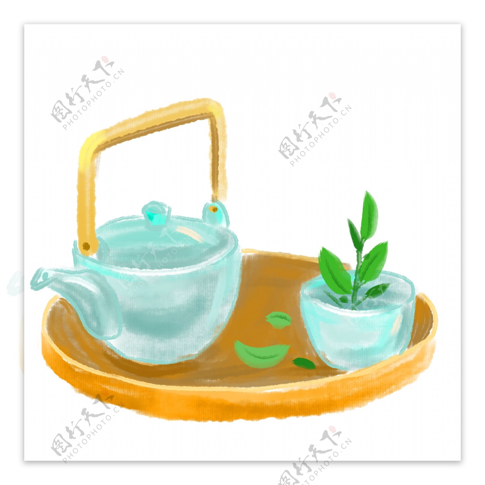 手绘蓝色植物茶壶插画