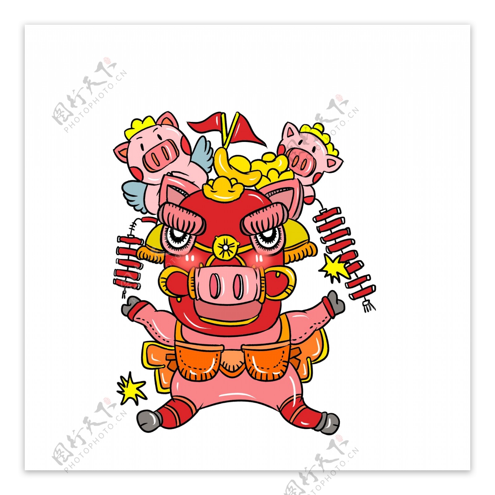 2019年猪年舞狮子猪猪手绘插画