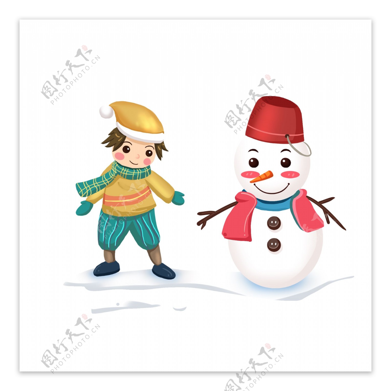 冬季场景雪地场景男孩和雪人