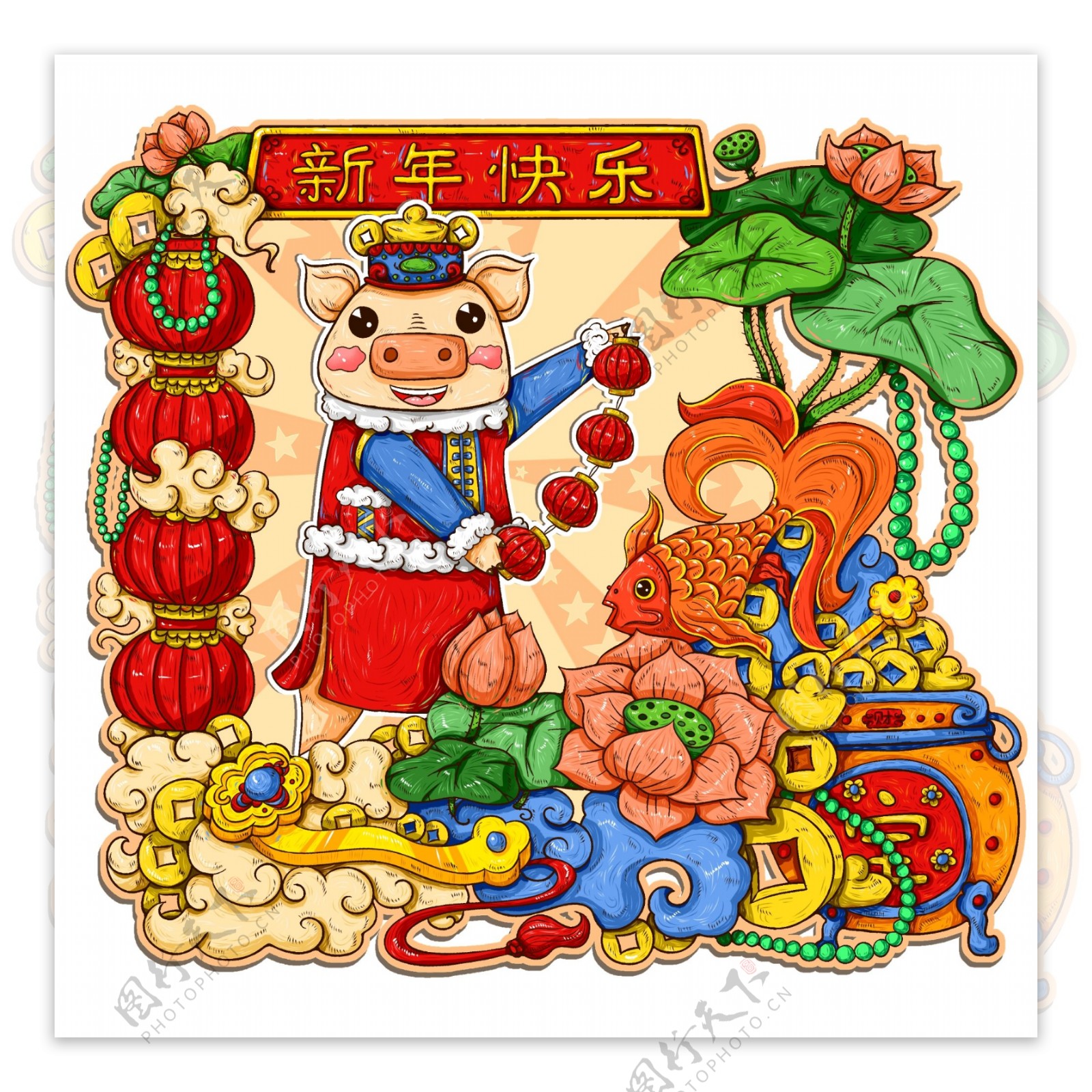 原创手绘中国风年画新年快乐猪年2019