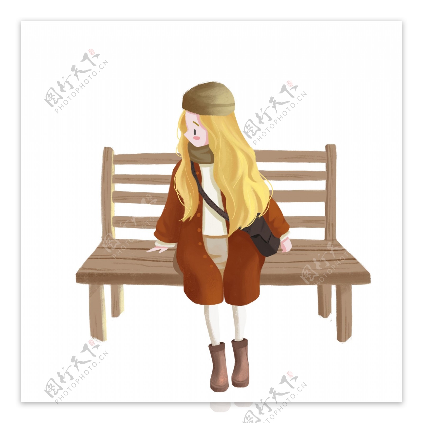 冬季坐在公园长椅的女孩