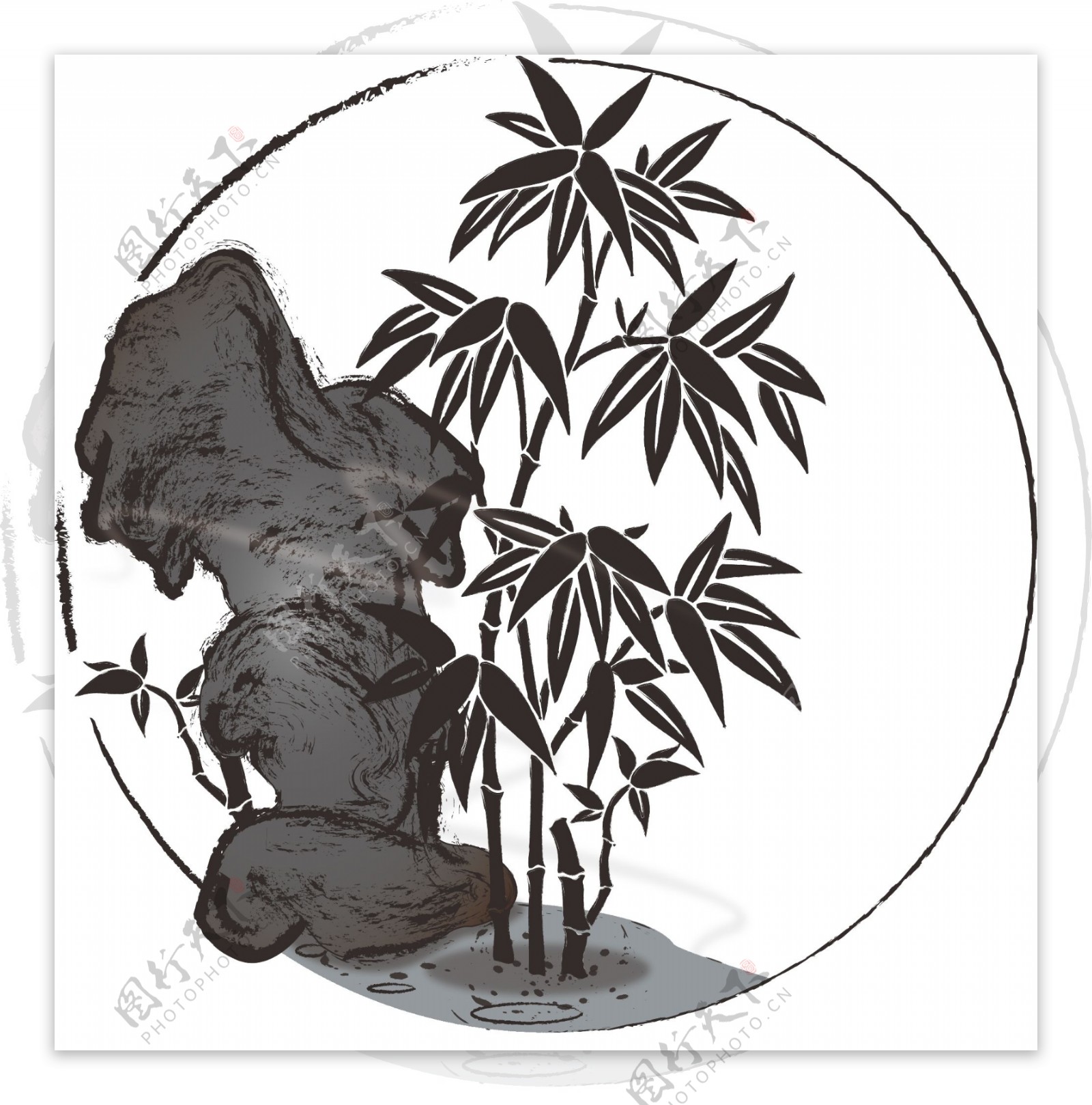 手绘水墨竹子叶子植物假山边框可商用元素