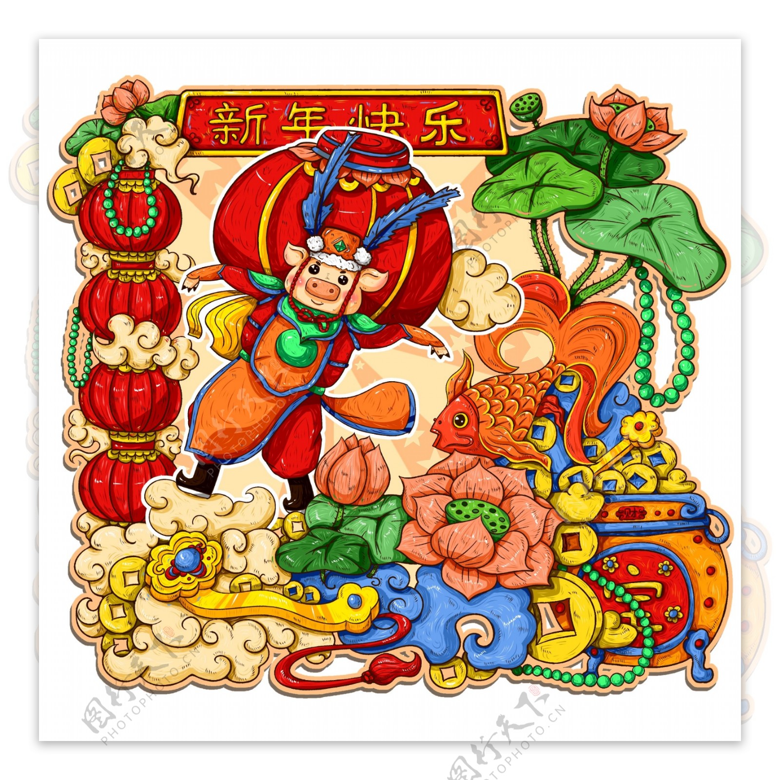 原创手绘中国风年画新年快乐猪年灯笼春节