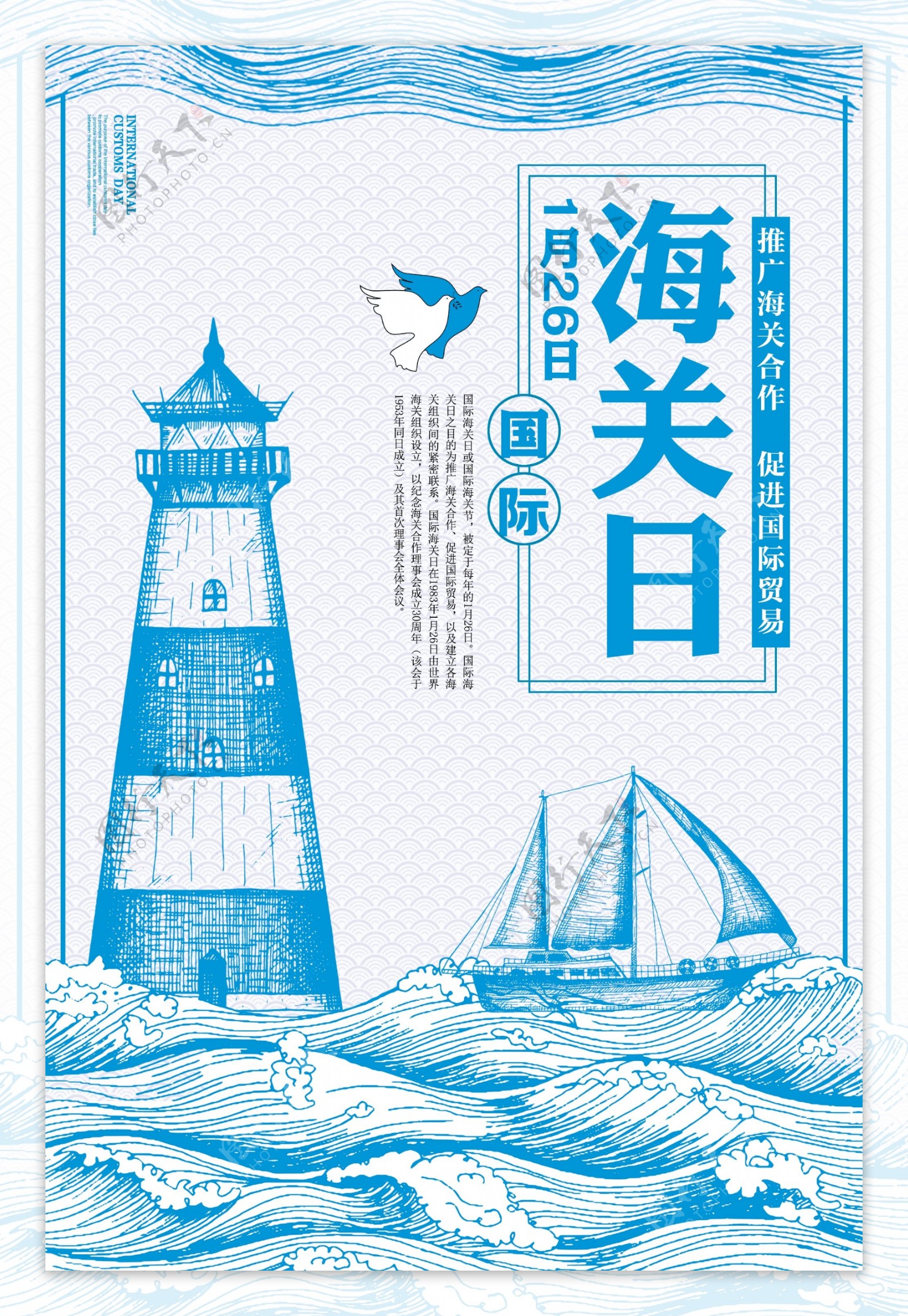 蓝色手绘国际海关日创意海报