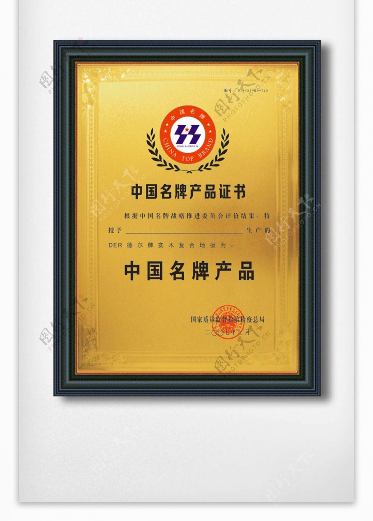 中国名牌产品证书模版