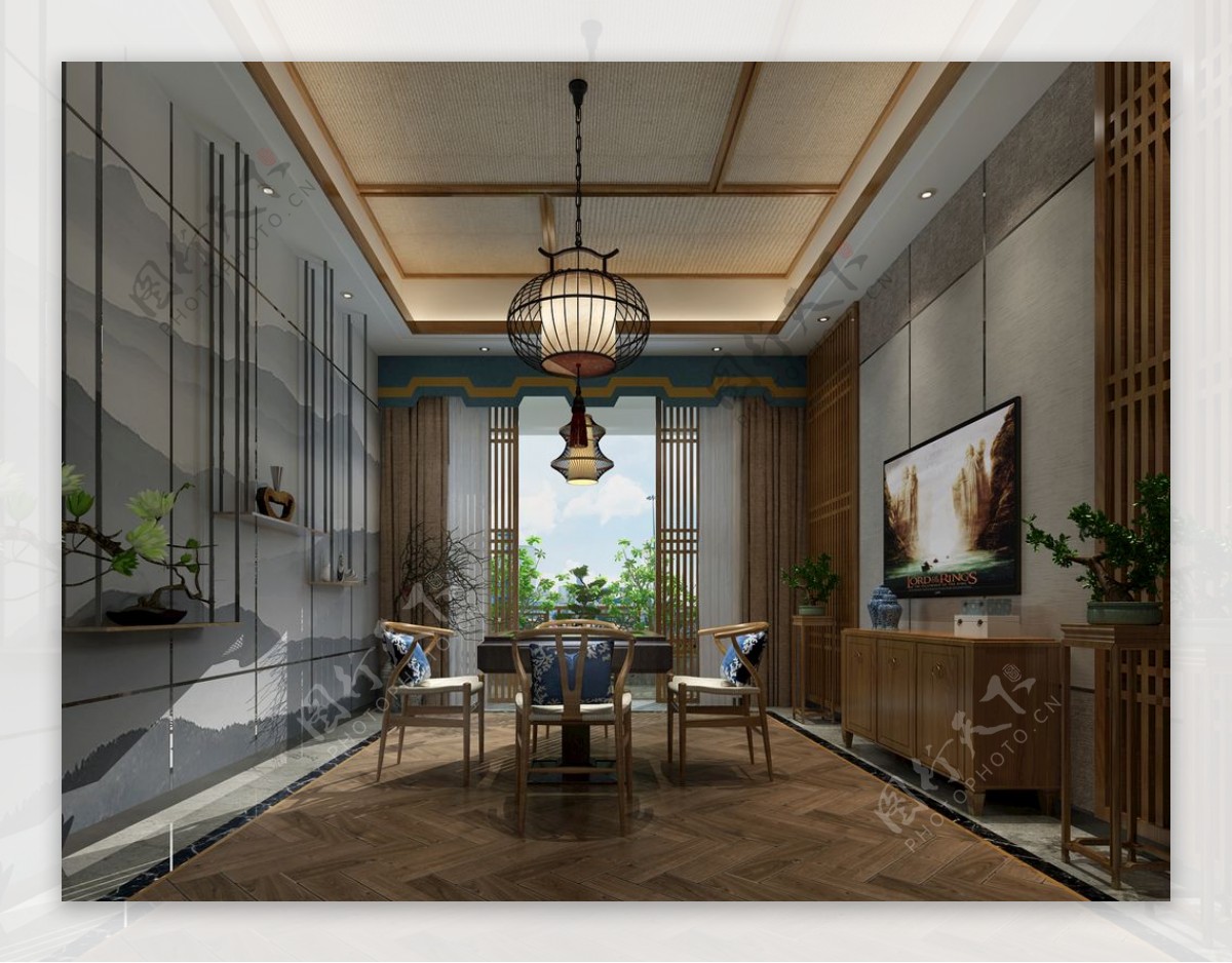 新中式书房茶室效果图3D模型