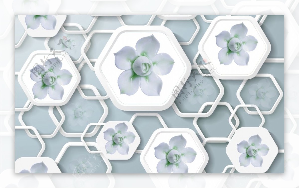 3D立体六边形花朵背景墙