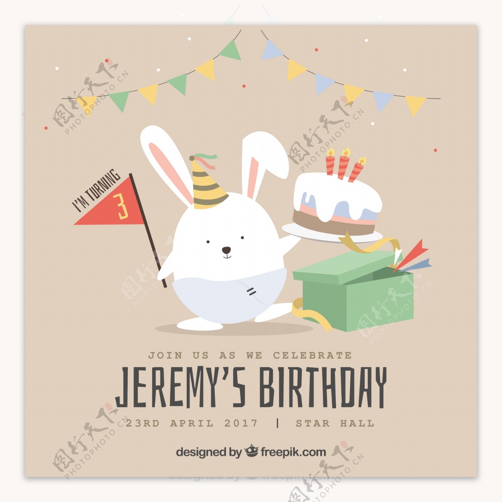 生日卡可爱的兔子和生日蛋糕