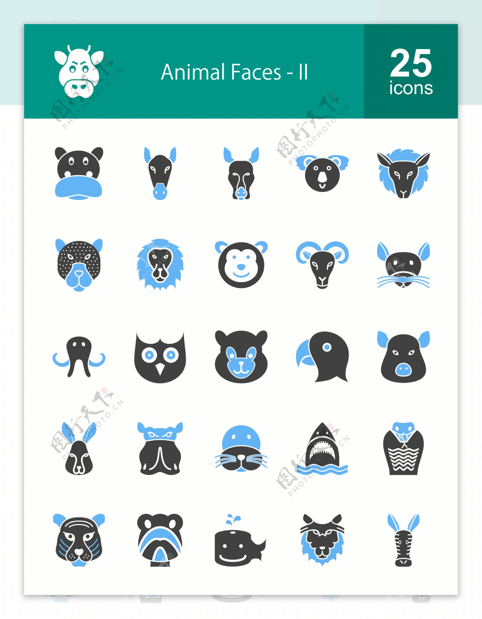 50个动物脸被填满了蓝色的黑色图标