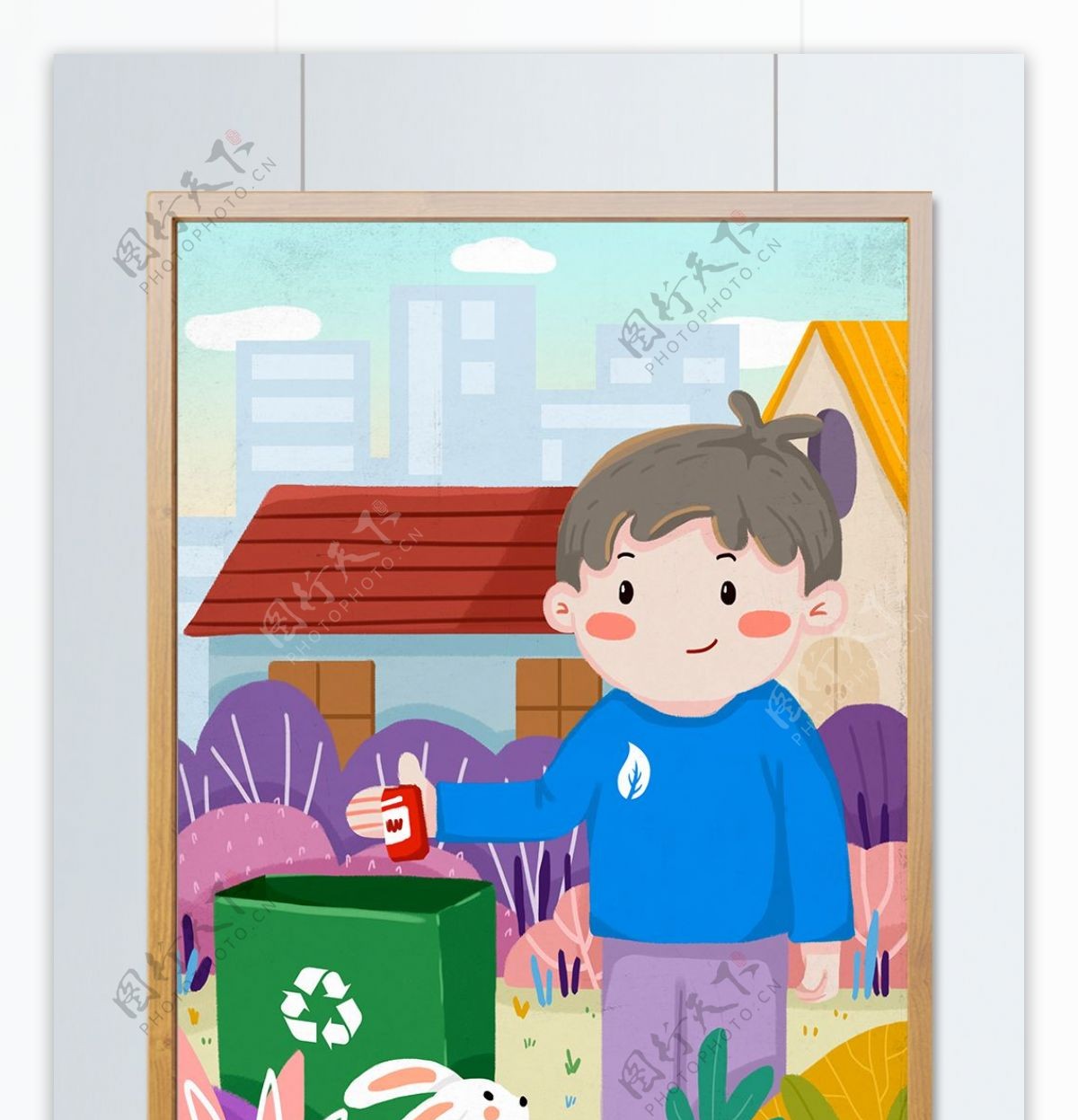 环保爱护环境男孩将垃圾扔到垃圾桶