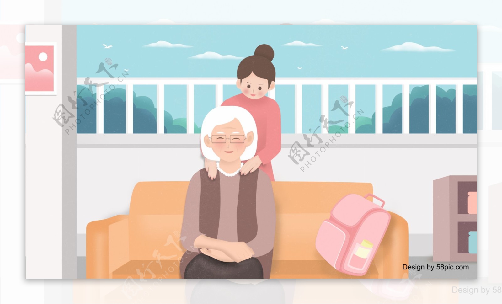 小清新关爱老人给奶奶捶背女孩插画