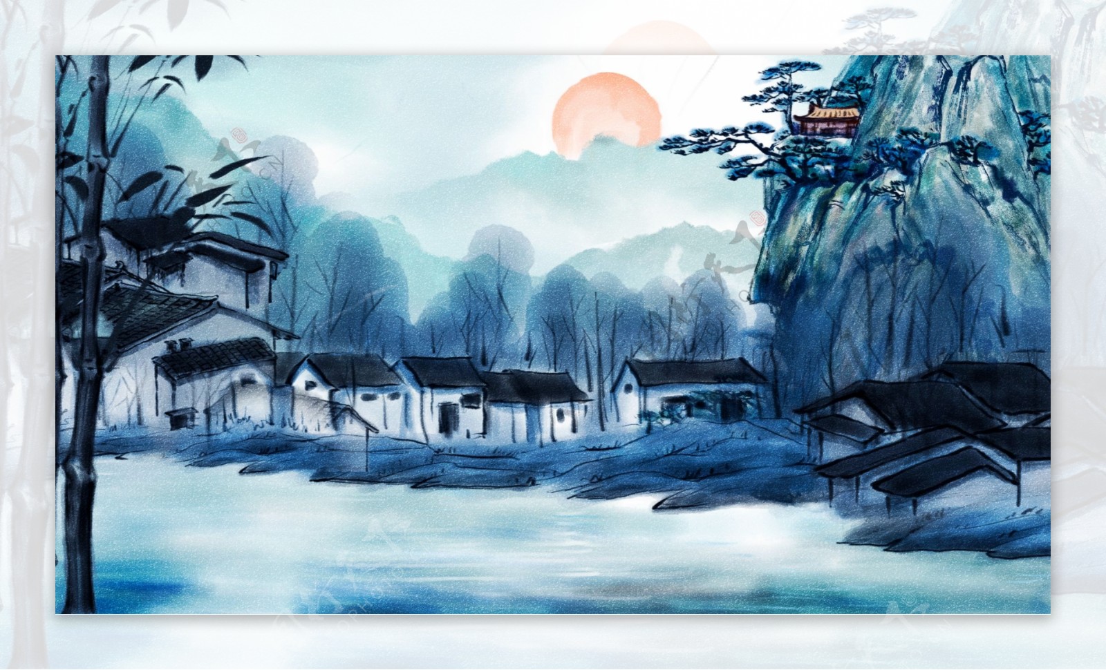 唯美中国复古水墨画色彩风景画中国水墨插画