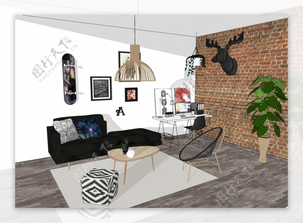 现代家居客厅3d模型综合效果图