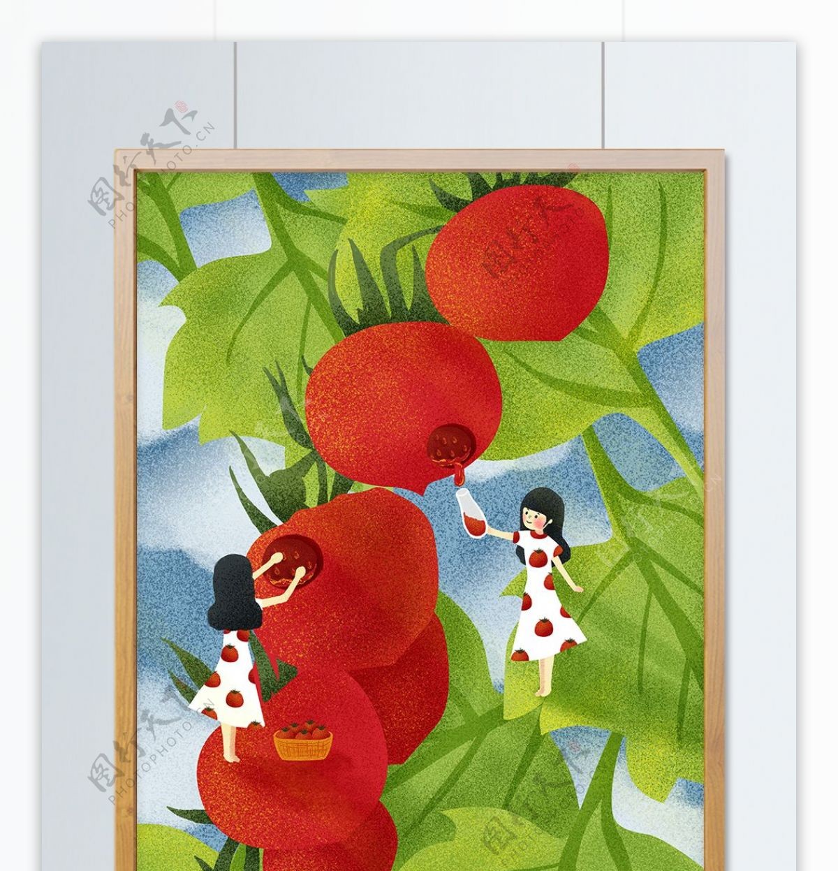 藤上水果小番茄治愈丰收治愈系手绘场景插画