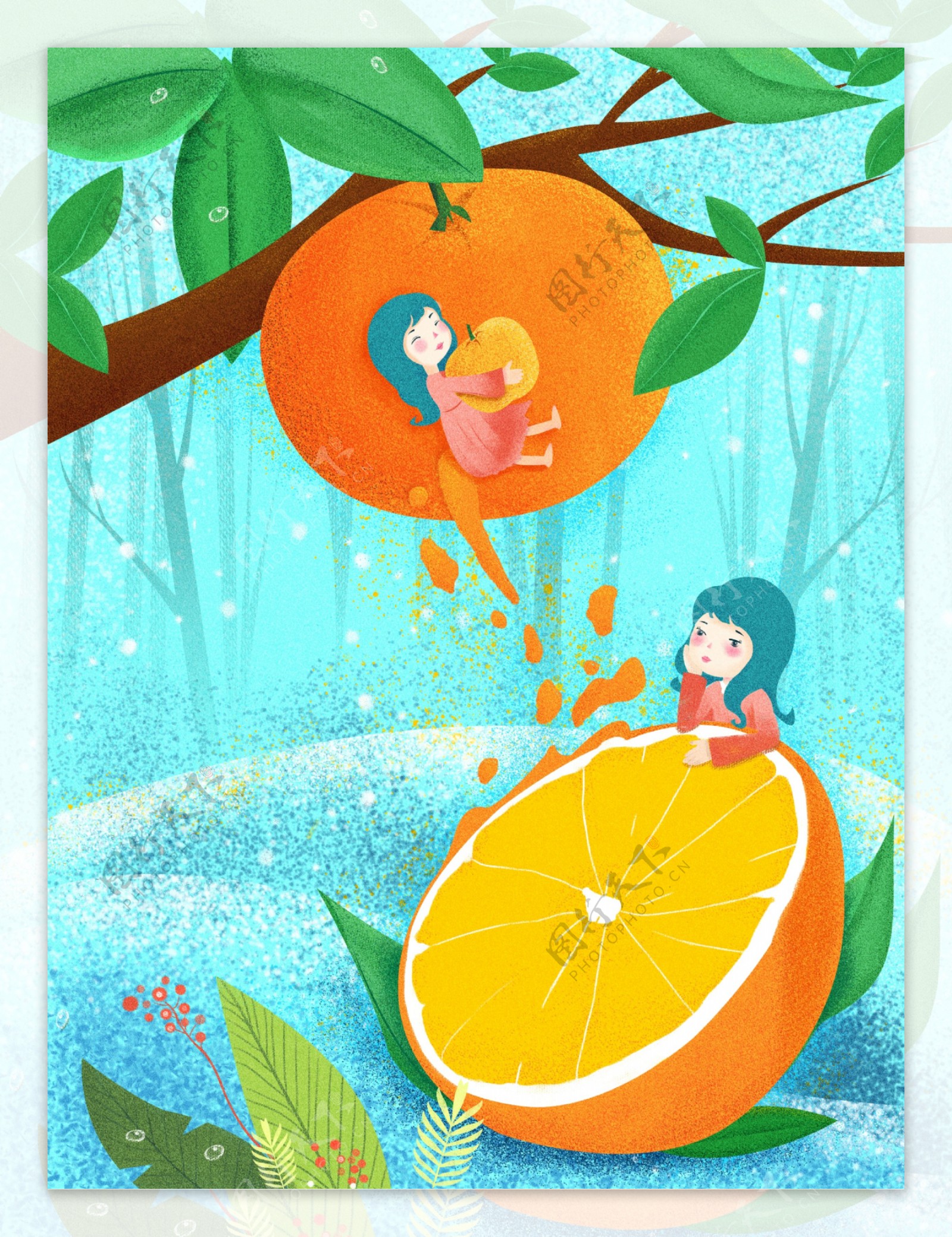 噪点肌理创意水果插画橙子的爱恋