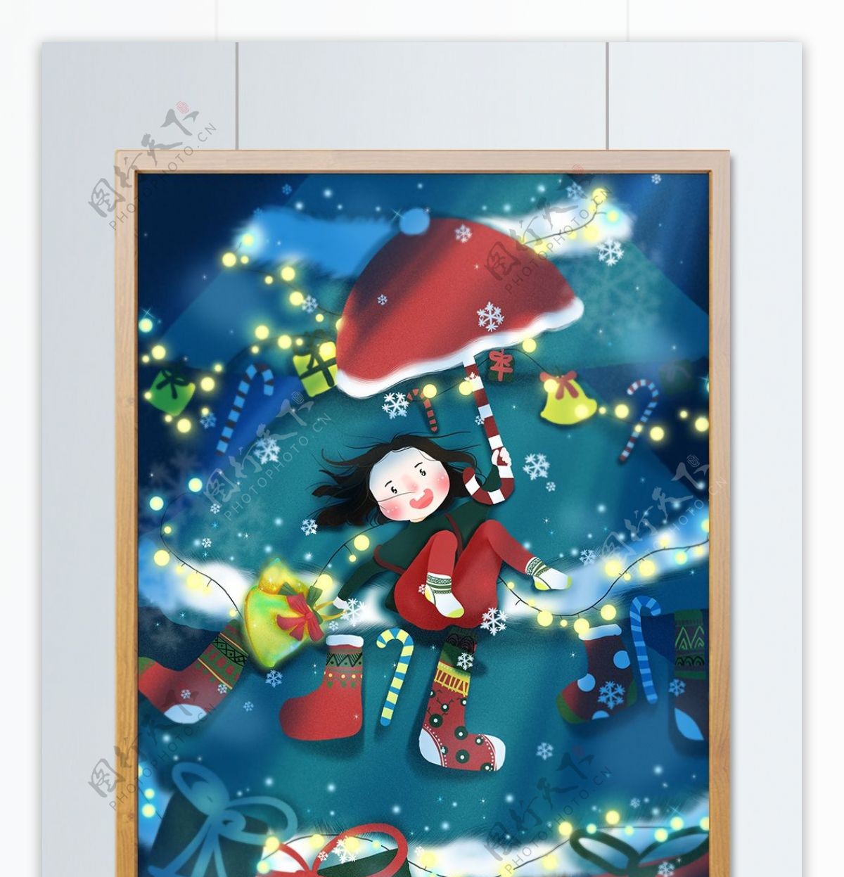 圣诞节女孩铃铛圣诞树袜子礼物欢乐插画