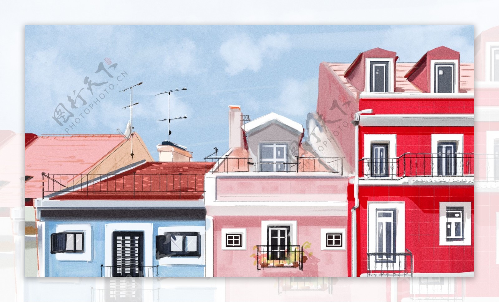 原创粉色红色蓝色彩色欧洲建筑彩色手绘插画