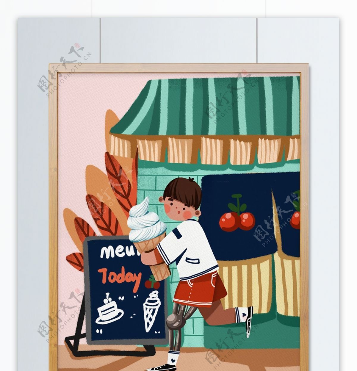 国际残疾人日男孩在冰淇淋店打工可爱插画