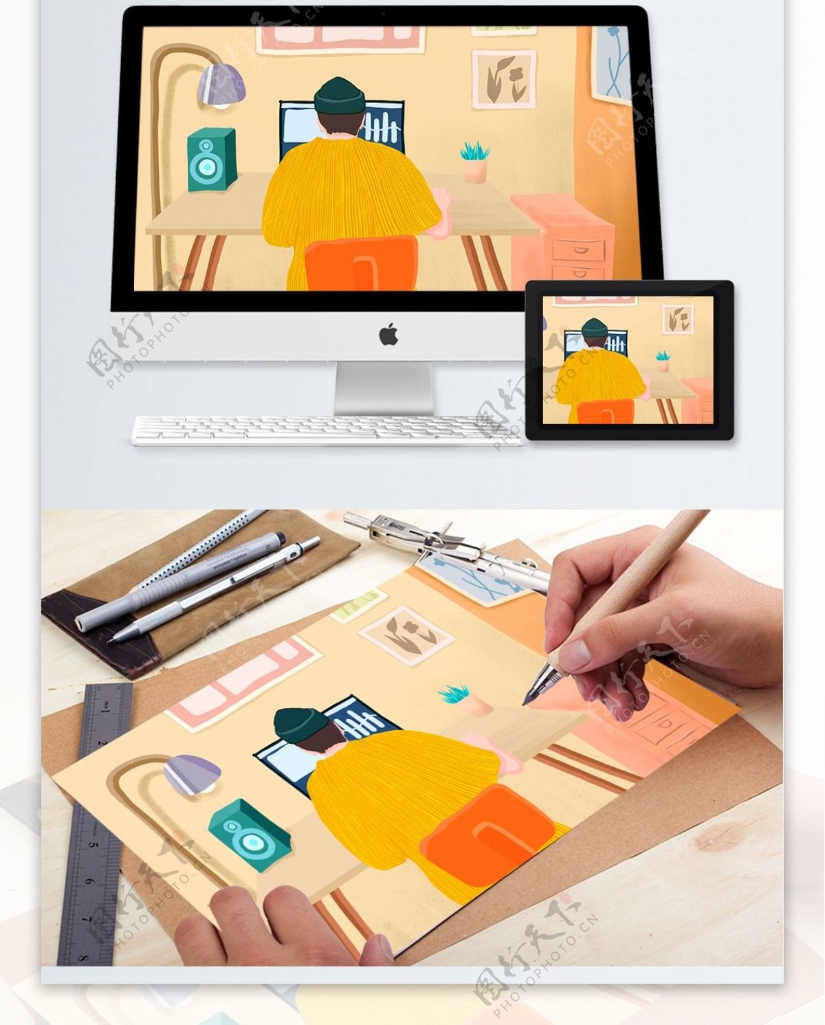 办公桌前使用电脑办公的男人手绘海报插画