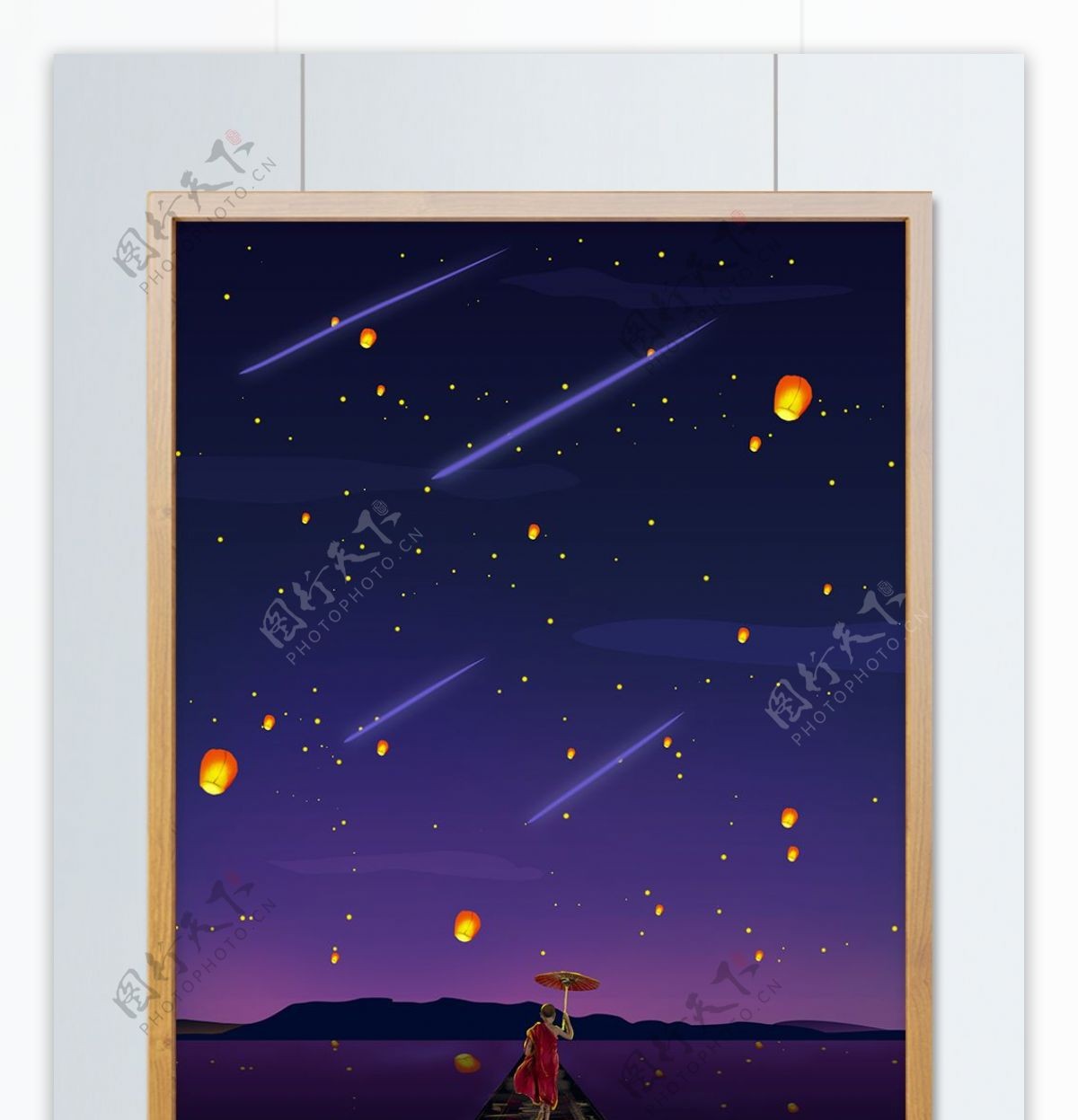 夜晚星空治愈系插画小和尚观灯唯美风