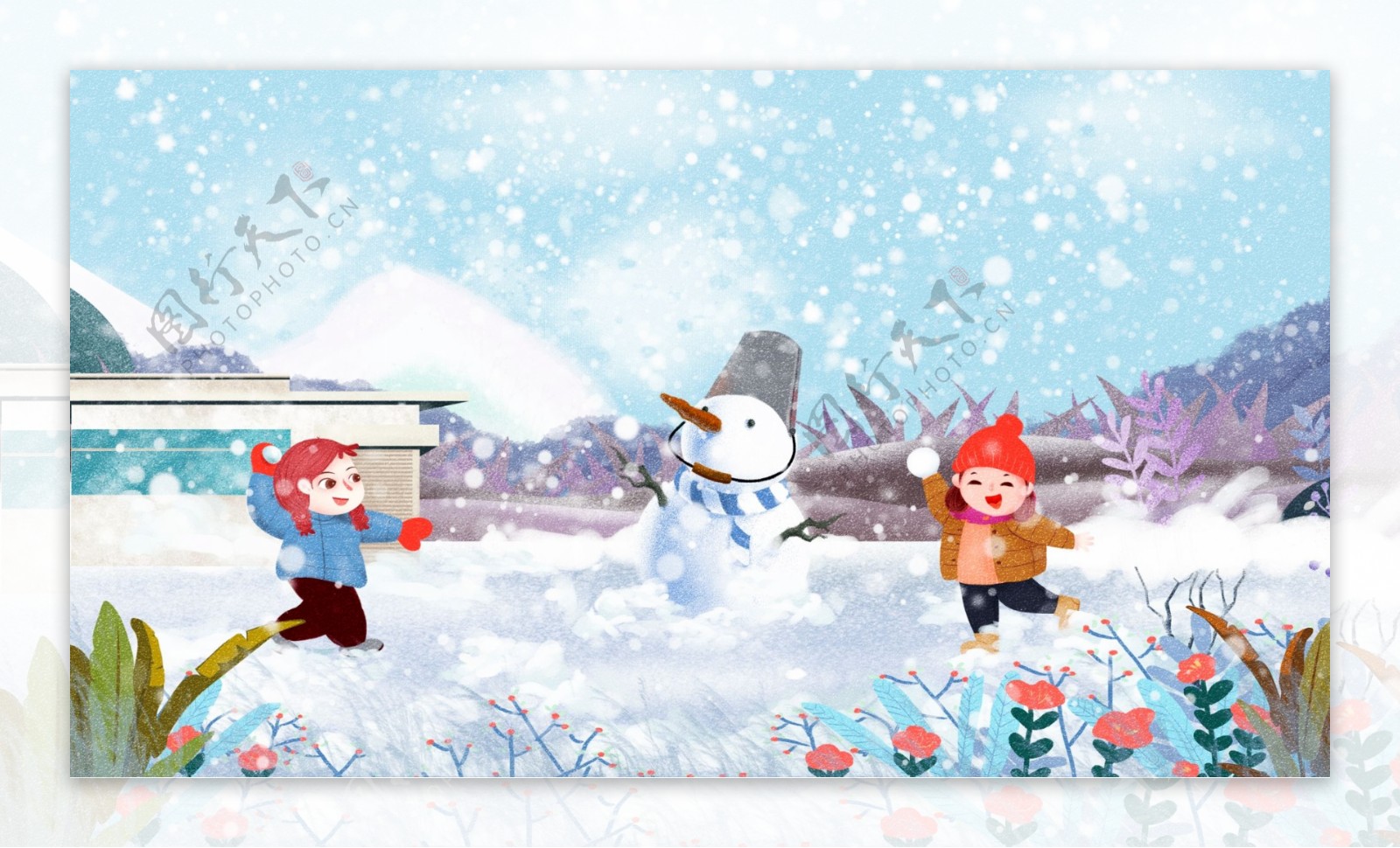 唯美清新冬季雪景小孩打雪仗插画