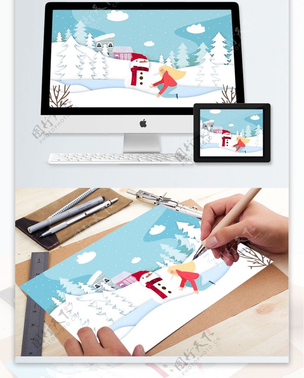 冬季剪纸风雪景堆雪人少女矢量插画