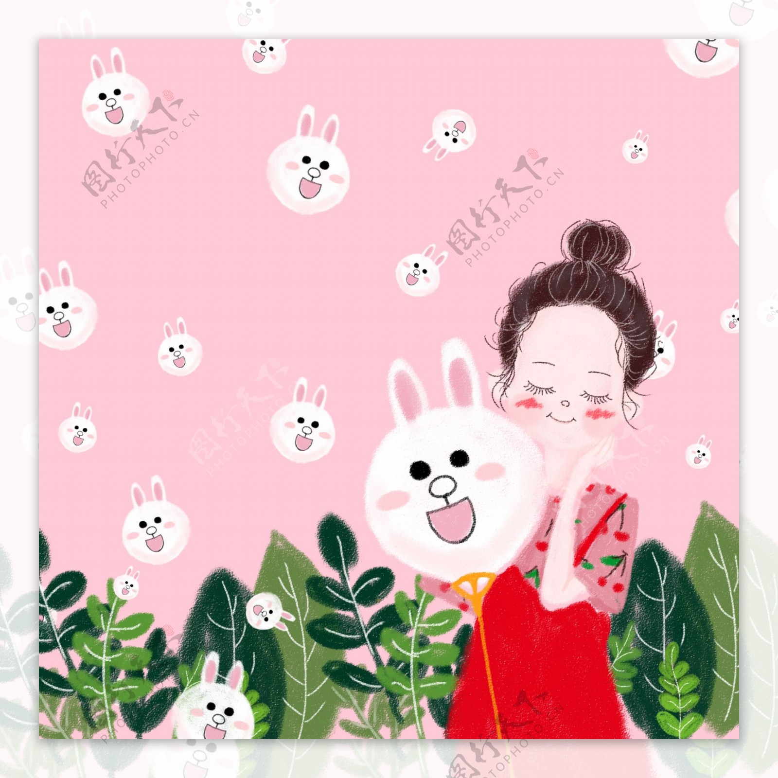 插画阳光植物女孩小小兔相框背景图
