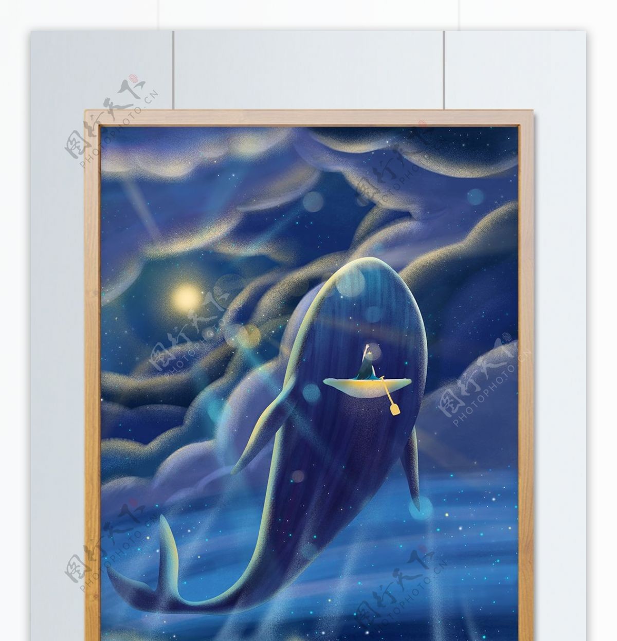 原创手绘插画治愈系海蓝时见鲸