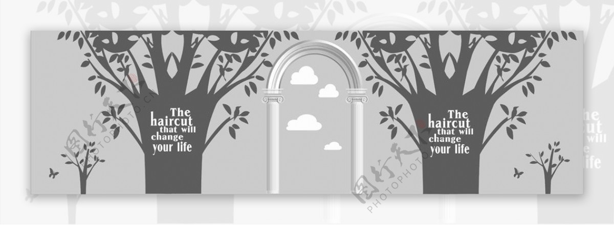 插画黑白剪影树和门和云适量