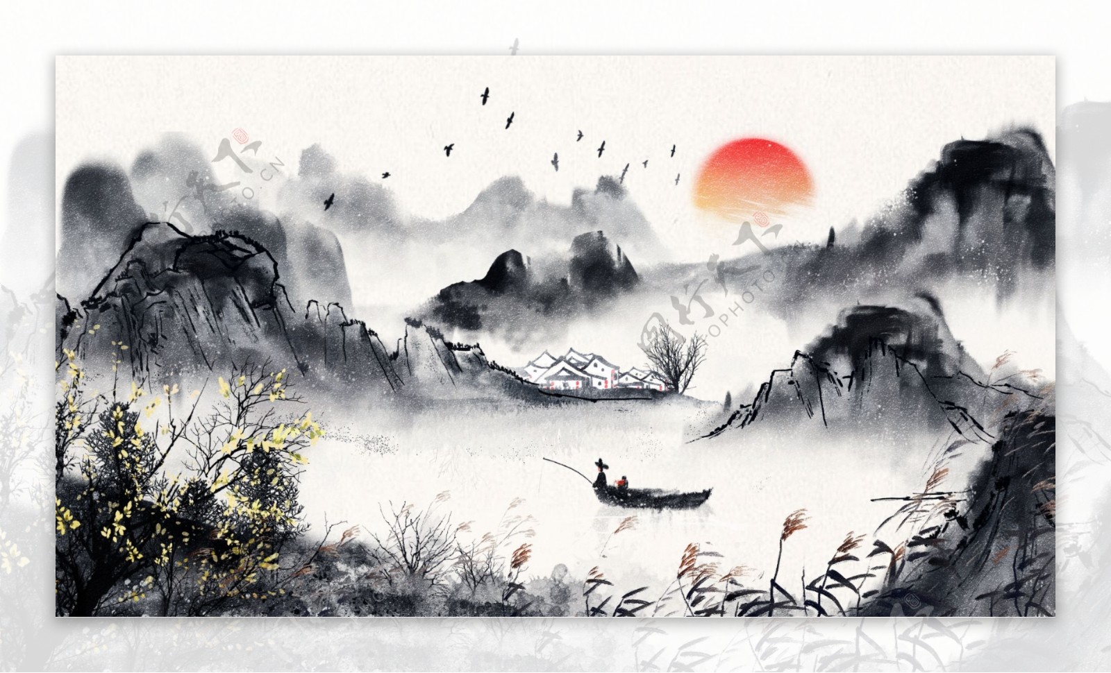 唯美古典古风中国水彩画水墨画插画